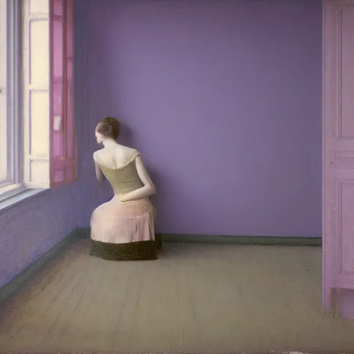 Prompt: beautiful girl in an empty room, daguerreotype by segantini, by Edward hopper, by Klimt, art noveau, highly detailed, strong lights, liminal, eerie, Bright pastel colors, octane render, 8k