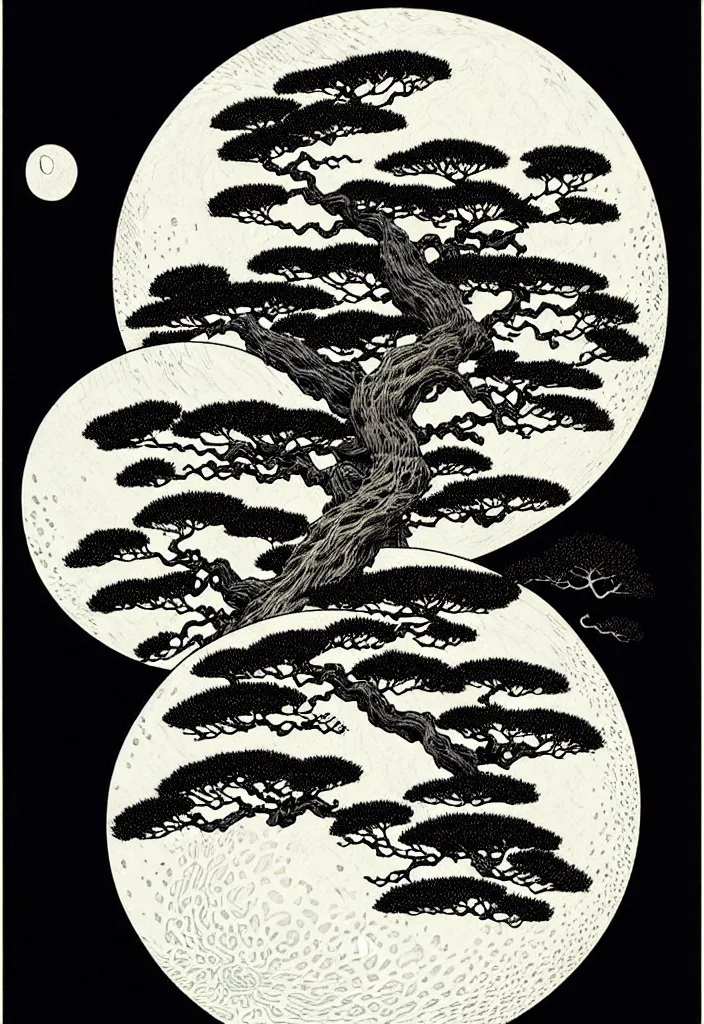 Image similar to prompt: white Bonsai tree roots holding and merging into big moon drawn by Takato Yamamoto, Japanese woodblock print style, white moon and black background, clean ink detailed line drawing, intricate detail, manga 1990