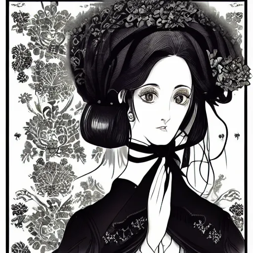 Image similar to Portrait a woman in Victorian clothing, Art by Yana Toboso, manga, black and white, japanese ink, high contrast, digital art