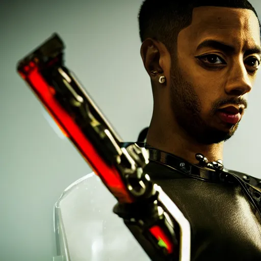 Image similar to hero angle of cyberpunk Ludacris, highly detailed, sharp focus, cyberpunk style, cyborg, futuristic, 8k, 35mm, cinematic lighting