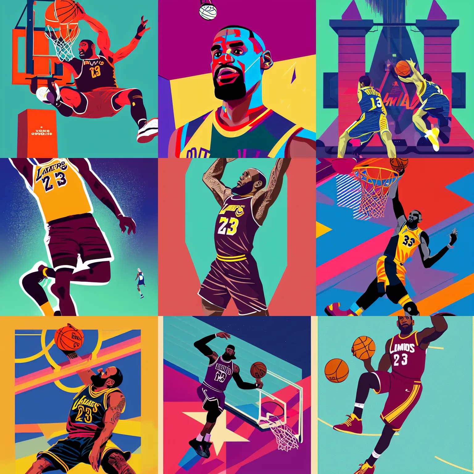 Prompt: lebron james slam dunk, tom whalen, james gilleard, liam brazier, tristan eaton