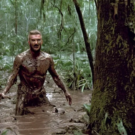 Image similar to cinematic still of david beckham, covered in mud and watching a predator in a swamp in 1 9 8 7 movie predator, hd, 4 k