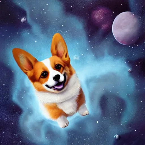 Prompt: cute corgi in outer space, hyperrealistic, sci - fi, cosmic, extremely detailed, stunning digital illustration, trending on artstation