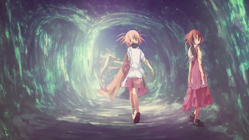 Prompt: anime girl walking through a portal to another world. high quality, 90\'s anime, mihoyo, studio ghibli, anime style, 4k, trending on ArtStation, pixiv