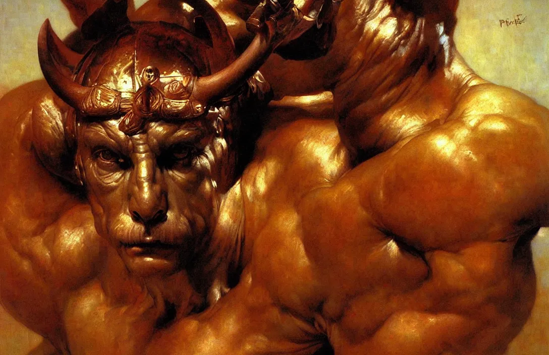 Prompt: portrait of minotaur, detailed face, detailed painting, epic lighting, by ilya repin, phil hale and kent williams