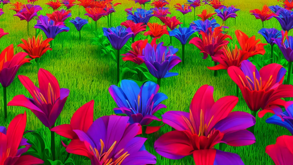 Image similar to first person perspective digital illustration of a field of giant multi-colored lilies by Dr. Seuss, reimagined by Industrial Light and Magic and beeple:1|tpwering megaflora by Dr. Seuss, spectral color, rolling hills, wide angle panoramic:0.9|fantasy, cinematic:0.9|Unreal Engine, Octane, finalRender, devfiantArt, artstation, artstation HQ, behance, HD, 16k resolution:0.8