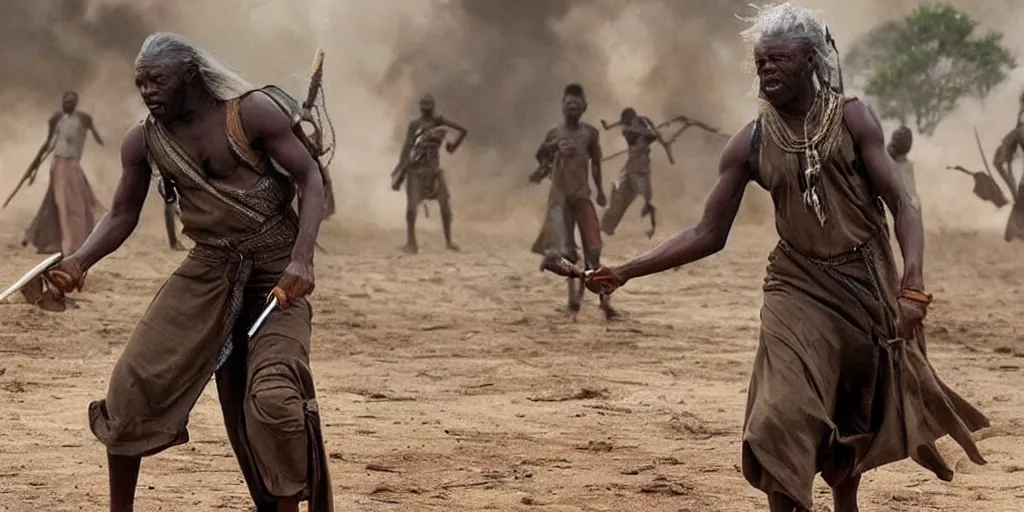 Prompt: african gandalf playing in ghanian action movie