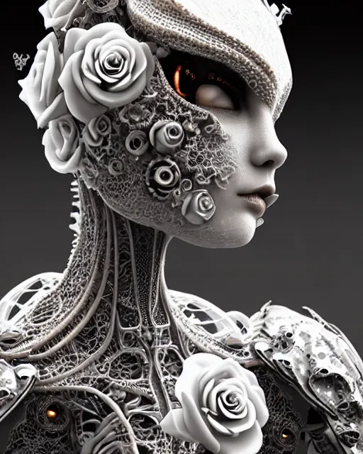 Image similar to bw dreamy close - up profile face, beautiful young porcelain intricate steampunk bio - mechanical vegetal - dragon - cyborg - female, white roses ornate metallic armour, white fluffy feathers, fine mandelbrot fractal lace, 1 5 0 mm, soft rim light, elegant, hyper real, ultra detailed, octane render, hg giger, 1 6 k