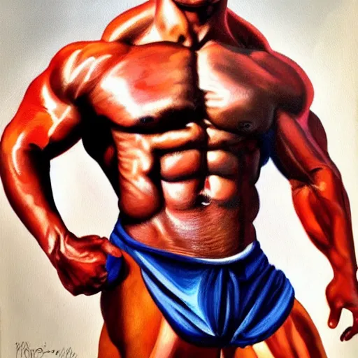 Image similar to a painting of a muscular man posed for a photoshoot,