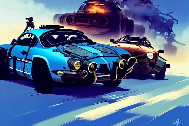 Image similar to mad max's alpine a 1 1 0 : : speeding, firing guns, lights on : : by ilya kuvshinov, rossdraws, artgerm, greg rutkowski makoto shinkai takashi takeuchi studio ghibli, akihiko yoshida : :