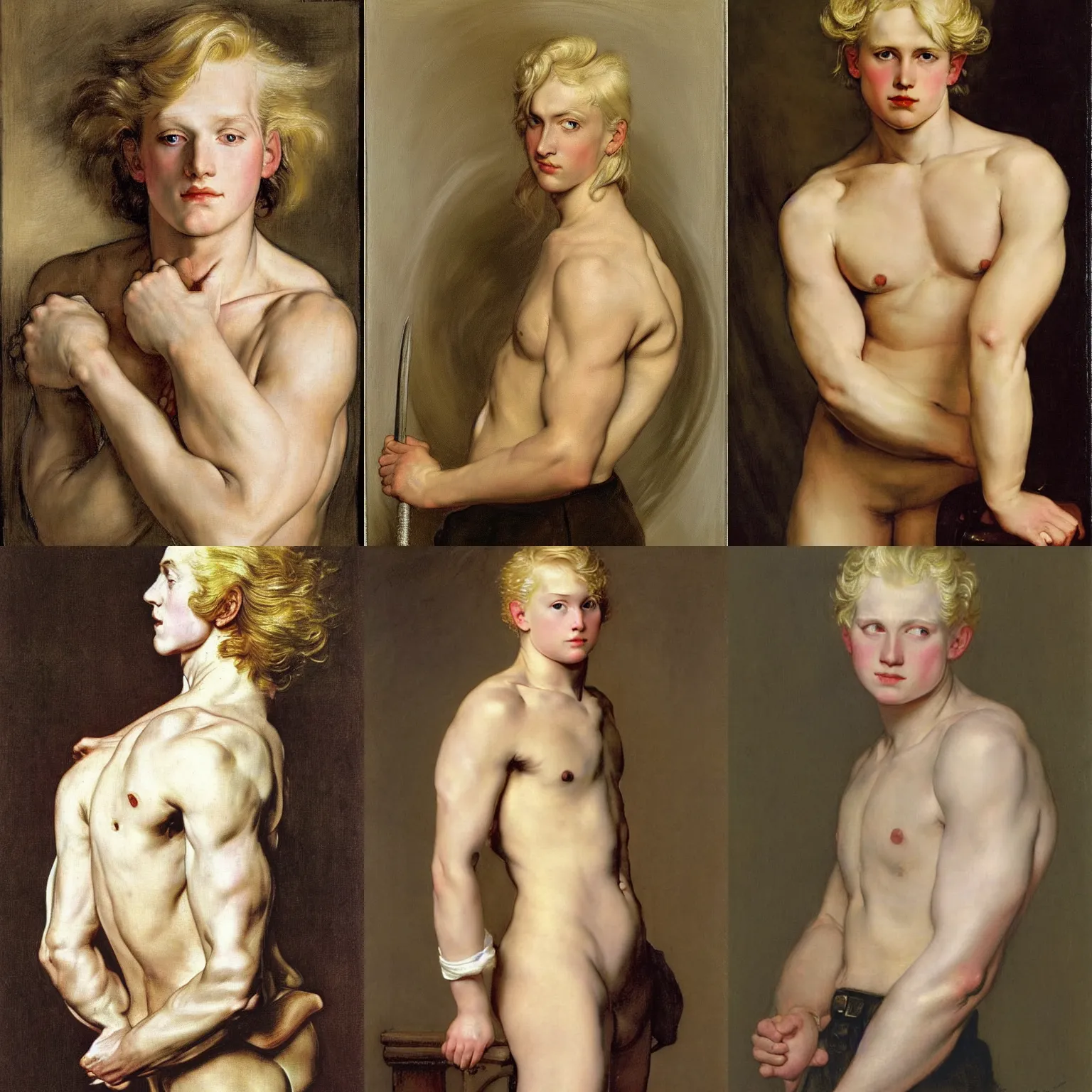 Prompt: portrait of a young androgynous johan liebert with long curly platinum blond hair by peter Paul rubens and Norman Rockwell, big beefy chunky strong fat build, very very very very pale white skin platinum blond hair