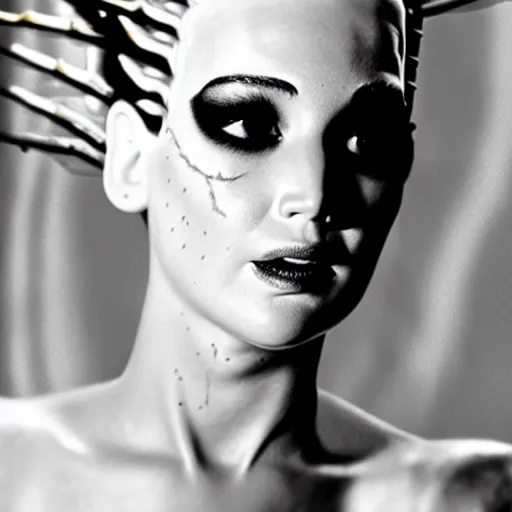 Image similar to close up detail of the face of jennifer lawrence as the bride of frankenstein, relistic,