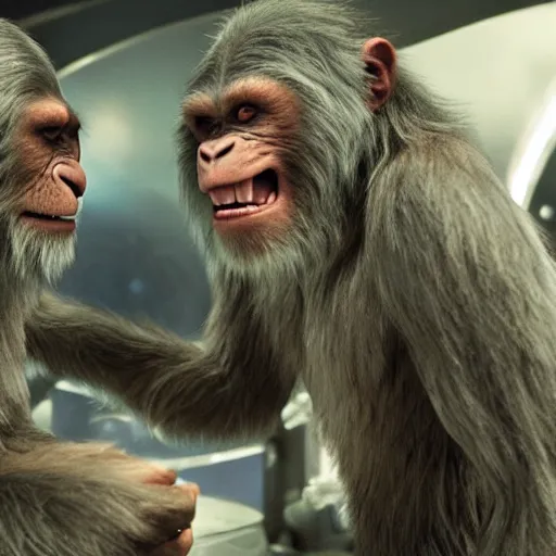 Prompt: film still of the 2 0 1 2 science fiction movie'apes in outer space '.