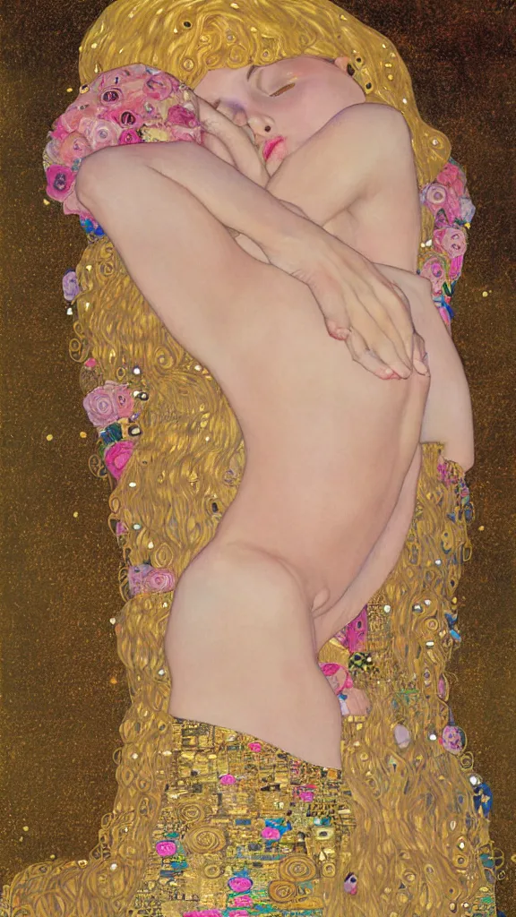 Image similar to a soft and breathtaking detailed painting of a full body sleeping blonde princess in the style of Gustav Klimt, blonde hair, shiny gold, elegant, highly detailed, artstation, fluo colors, concept art, matte, sharp focus, art by Gustav Klimt