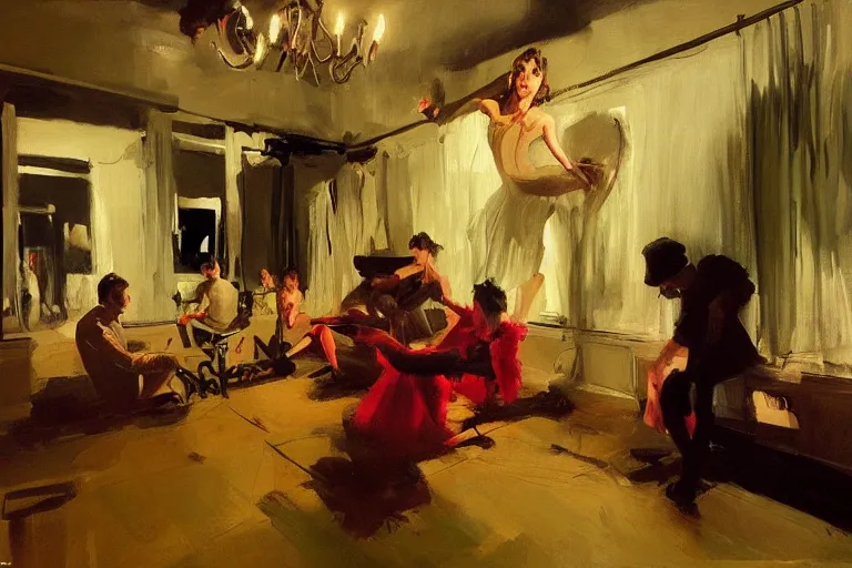 Image similar to ballet dancers drinking brutal and raw wine, inside a tiny green room with red lights by joaquin sorolla, greg rutkowski, bill sienckiwicz, extremely detailed