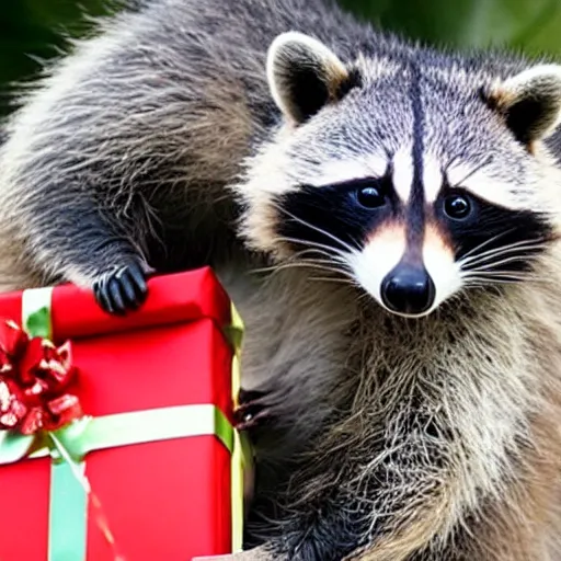 Image similar to raccoon santa vastly underestimated how difficult it would be to give a present to everyone in the world.