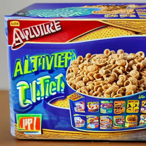 Image similar to A cereal box from a alternate alien dimension, product photo