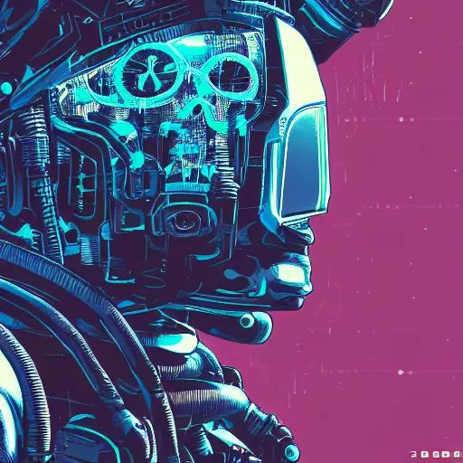 Image similar to in the style of max prentis and deathburger and laurie greasley a close up of a young explorer wearing a cyberpunk headpiece sitting connected to an ancient and huge mechanical head, highly detailed, 8k wallpaper