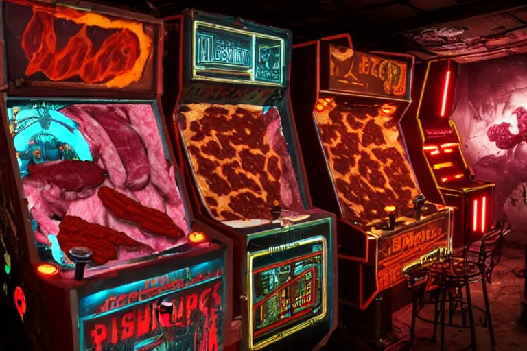 Prompt: batch of retro derelict biopunk arcades made of meat, bones and flash