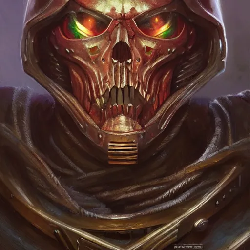 Image similar to the doomslayer as a realistic d & d fantasy cultist, closeup portrait art by donato giancola and greg rutkowski, vintage retro, realistic face, digital art, trending on artstation, skull mask, symmetry!!