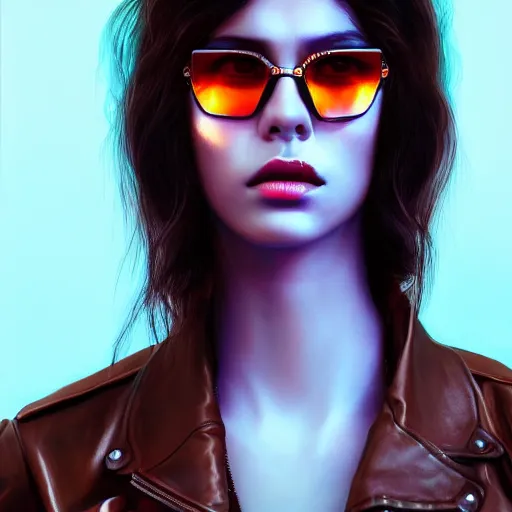 Image similar to closeup painting of a very beautiful young mexican cyberpunk woman with a smirk, wearing light blue shutter shades and a dark brown leather jacket, one side haircut, long brown hair with light blue ends, portrait, hyperdetailed, artstation, cgsociety, 8 k, synthwave by tangerine dream