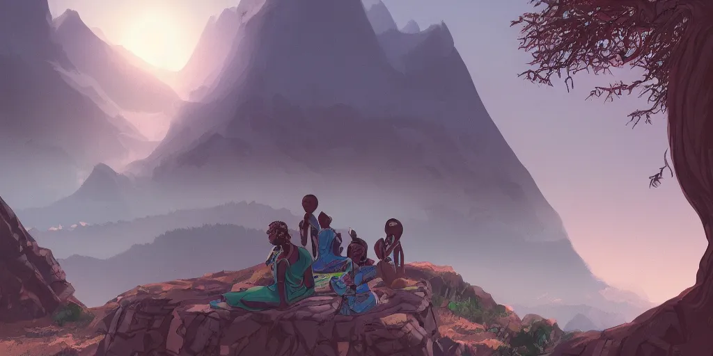 Prompt: an african magic school on the mountains, comics art, cinematic volume lighting, 4k, illustration, epic scene, trending on artstation, art by Sebastian Luca