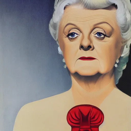 Image similar to very detailed and attractive portrait of dame angela lansbury backlit with an ominous red glow, painted by rene magritte