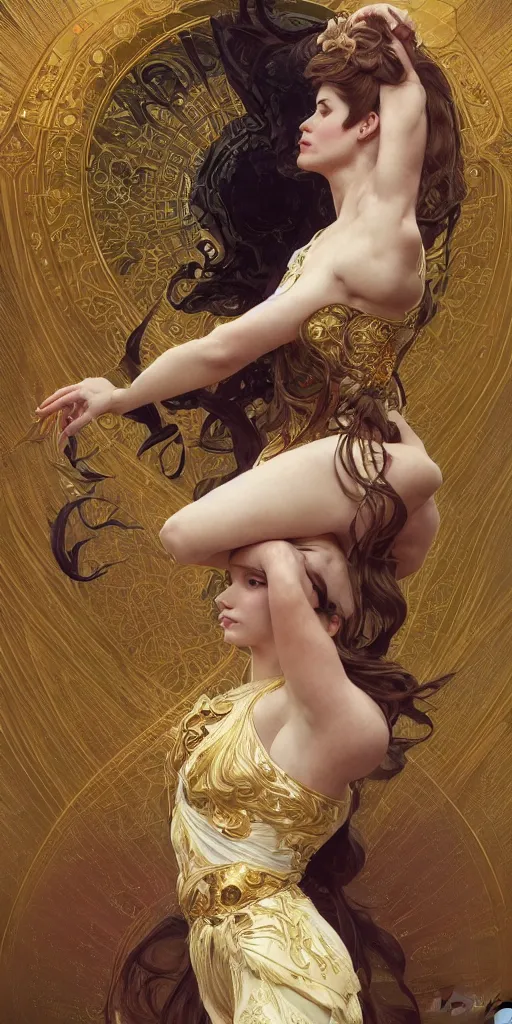 Image similar to portrait of a dream, ethereal, expressive pose, acrobatic, golden eyes, ornate frilly dress, fantasy, intricate, elegant, highly detailed, digital painting, artstation, concept art, smooth, sharp focus, illustration, art by artgerm and greg rutkowski and alphonse mucha