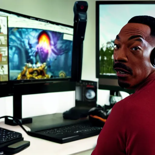 Prompt: my 600 lb Eddie Murphy wearing a headset yelling at his monitor while playing WoW highly detailed wide angle lens 10:9 aspect ration award winning photography by David Lynch esoteric erasure head