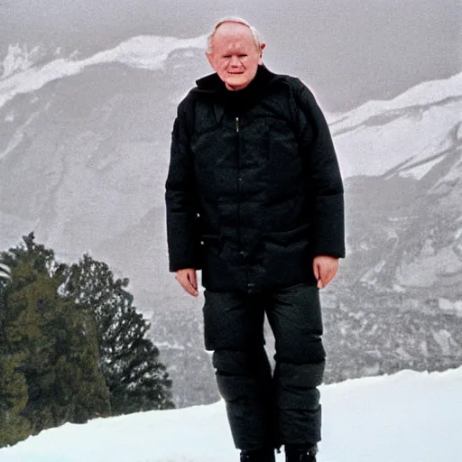 Image similar to john paul ii standing in a black puffed nuptse, black cargo pants and high black boots