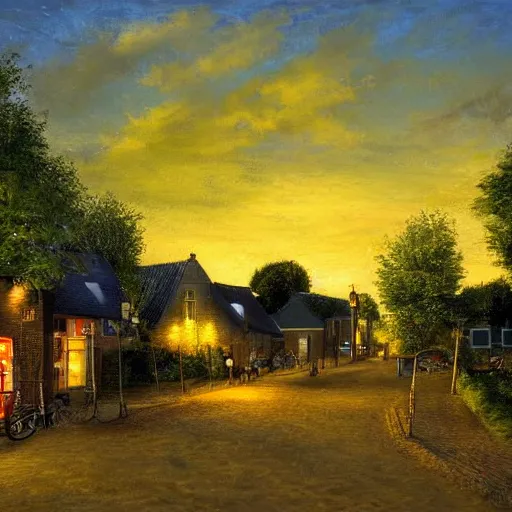 Prompt: a warm summer night in the village center of a small hovel in the netherlands, 2 0 0 8, detailed, wideshot, photorealistic, blue - yellow sky