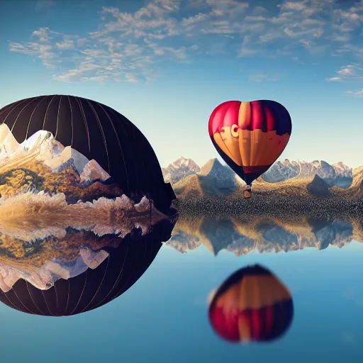 Image similar to realistic extremely detailed photo of a hot air balloon with a picture of two black swans swimming, touching heads, forming a heart with their necks flying above a reflective mountain lake, granular detail, holographic krypton ion, octane render, 4k, f32,55mm photography, wide angle