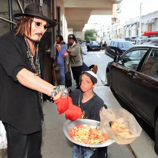 Prompt: johnny depp helping homeless people get food