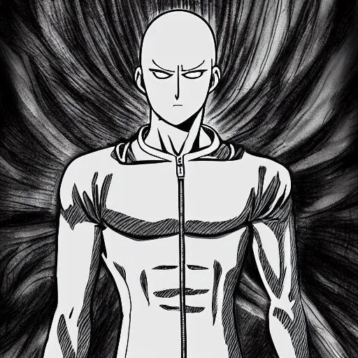 Image similar to highly detailed drawing of Saitama from One Punch Man, drawn in the style of Kentaro Miura, 4k, maximalist