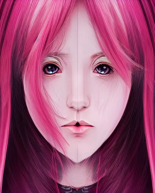 Image similar to Girl by Andrew Khok, flowing hair, anime, symmetrical face, pink eyes, trending on artstation, artstationHD, artstationHQ, patreon, 4k, 8k