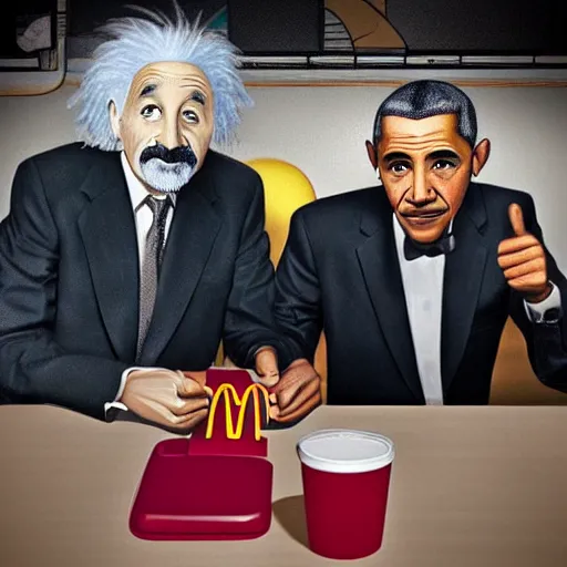 Image similar to Einstein and Obama sitting at McDonalds, ultra detailed, photorealistic, dramatic lighting