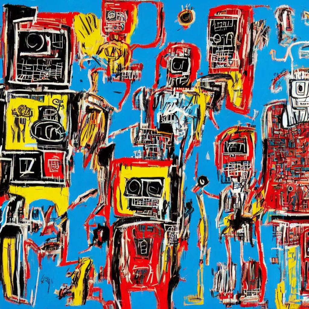 Prompt: robots in the style of jean - michel basquiat