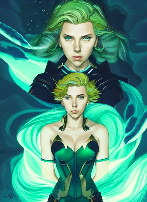 Image similar to style artgerm, joshua middleton, illustration, scarlett johansson as artificer wearing green pelt light armor, anime eyes, blue hair, swirling water cosmos, fantasy, dnd, cinematic lighting