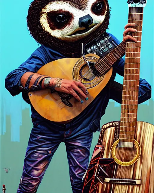 Prompt: a portrait of an anthropomorphic cyberpunk sloth strumming a 1 2 string acoustic guitar by sandra chevrier, by jon foster, detailed render, tape deck, epic composition, cybernetics, 4 k realistic, cryengine, realistic shaded lighting, sharp focus, masterpiece, by enki bilal
