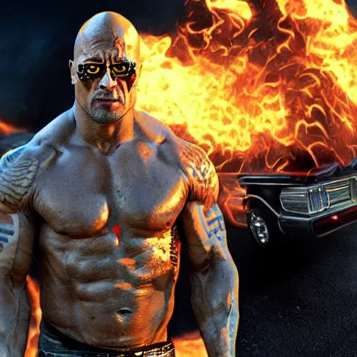 Prompt: dwayne johnson as ghost rider, showing his skull, gta cover art