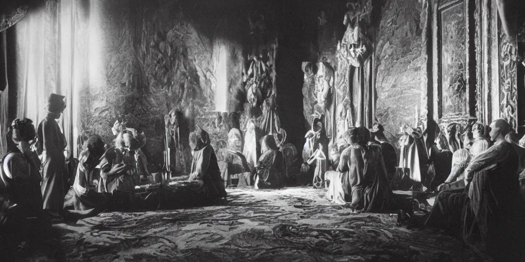 Image similar to 1920s photography of an occult ceremony meeting in the dolomites, occult signs, wicca, alp, dolomites, alpine, detailed intricate insanely detailed octane render, 8k artistic 1920s photography, photorealistic, black and white, chiaroscuro, hd, by David Cronenberg, Raphael, Caravaggio