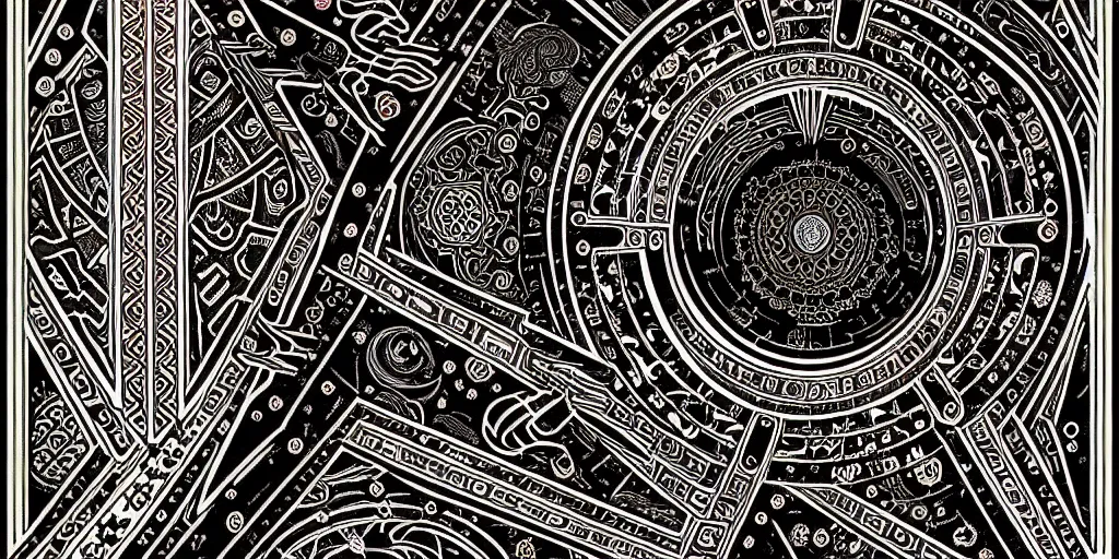 Image similar to ancient ornate carpet, high details, bold line art, by vincent di fate and joe fenton, inking, etching, screen print, masterpiece, trending on artstation, sharp, high contrast, hyper - detailed,, hd, 4 k, 8 k