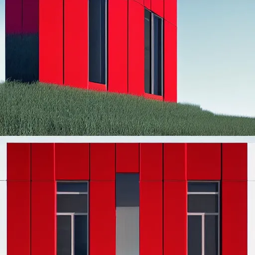 Prompt: a modern house with a red door and windows, a digital rendering by schelte a bolswert, featured on polycount, de stijl, reimagined by industrial light and magic, angular, symmetrical