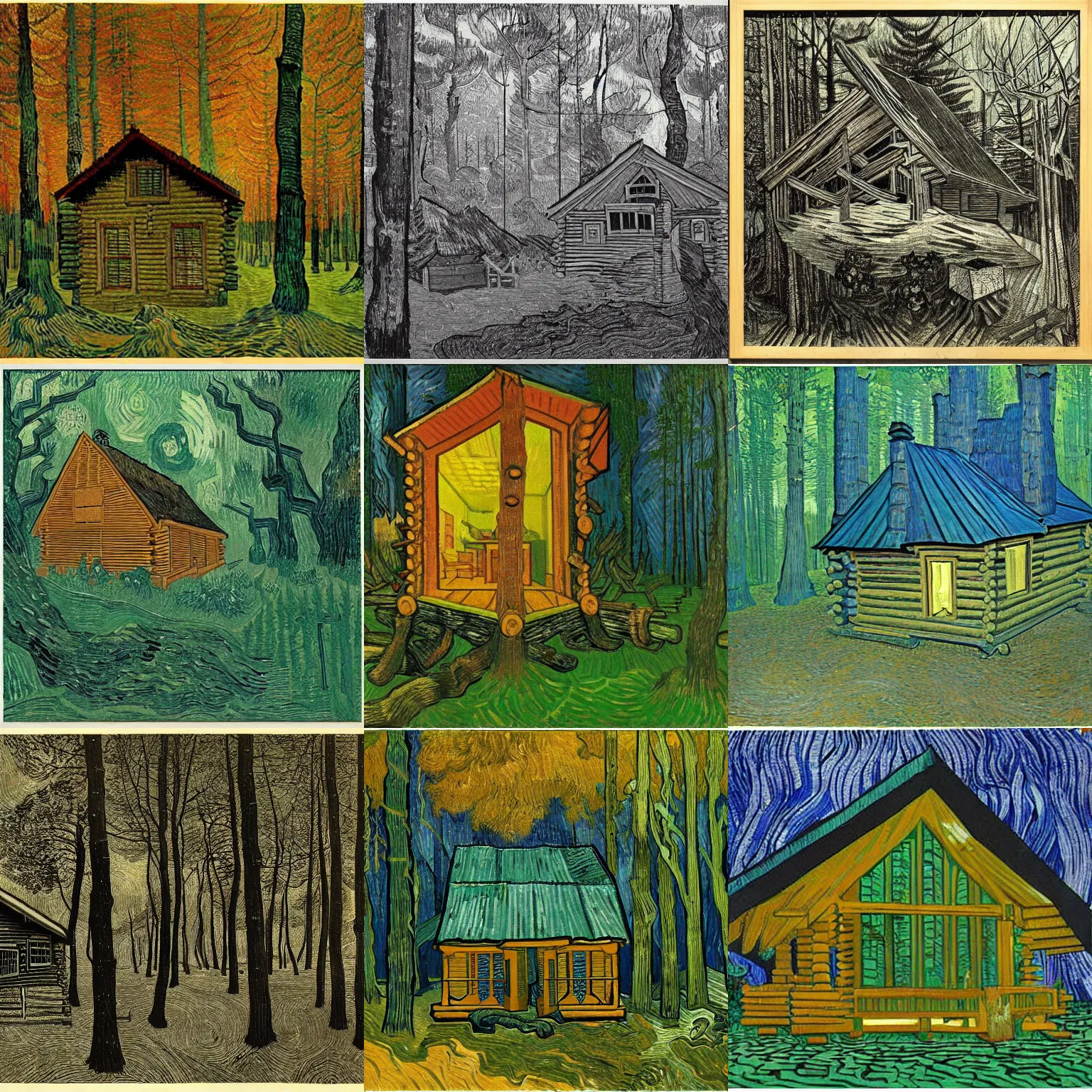 Prompt: [ a log cabin in the forest ] [ van gogh ] [ escher ]