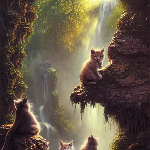 Image similar to two kittens watching the waterfall in the enchanted forest, fantasy, intricate, extremely detailed, face enhance, matte, artstation, art by louis wain, greg rutkowski