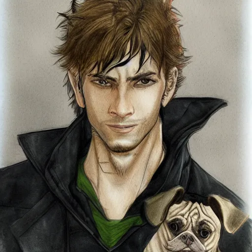 Image similar to self portrait, young white hispanic handsome man with short light brown hair and light skin and a 5 o clock shadow and holding a pug while fighting against 2 swordsmen pencil art, added detail, high definiton, colored, backfacing, illustrated by yoji shinkawa