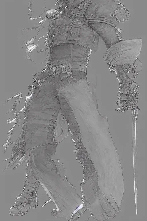 Image similar to Final Fantasy 7’s Cloud with a sword, concept art, by James Gurney and Jean Moebius Giraud, artstation.