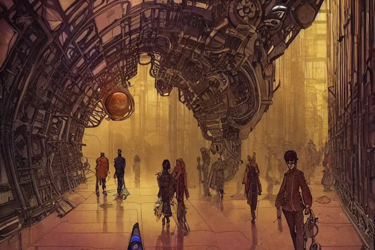 Image similar to front view on steampunk hallway, kid and mad scientist walking, giant video screens, sci - fi, big interior plants, retrofuturism, concept art by mucha and moebius and victo ngai, architecture by francois schuiten, clean line, diesel punk, artstation