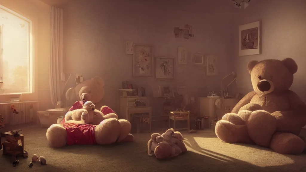 Prompt: a Photorealistic hyperrealistic render of an interior of a beautifully decorated spoiled child's beautiful bedroom with a giant teddy bear sitting on the floor by PIXAR,Greg Rutkowski,WLOP,Artgerm,dramatic moody sunset lighting,long shadows,Volumetric, cinematic atmosphere, Octane Render,Artstation,8k