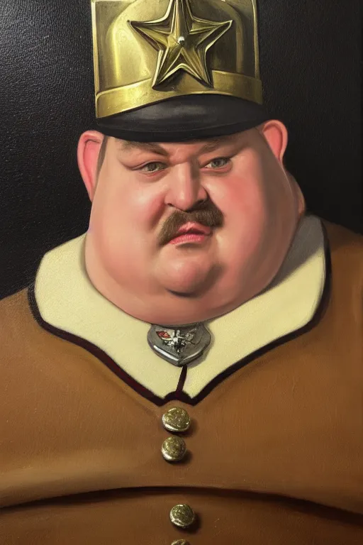 Image similar to high elf mall cop with a sheriff's badge that is fat, shifty, and incompetent, portrait from the chest up, Oil Painting, hyper realistic, dutch golden age, 3/4 bust